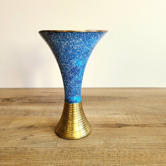 Vintage solid brass and blue enamel one of a kind design vase with opening. - Picture 4 of 9